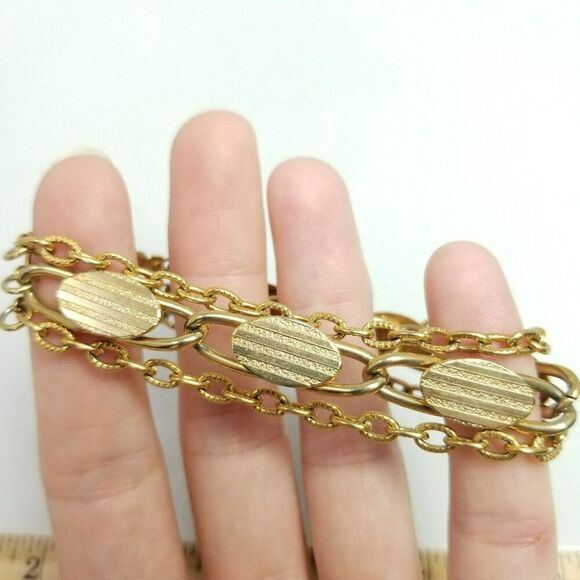 Vintage Gold Tone Chain Bracelet, Three Strand, Mixed Link Pattern, Retro Estate - Picture 1 of 6